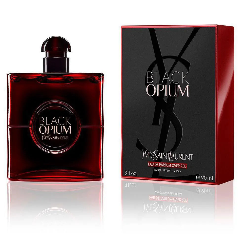 Yves Saint Laurent Black Opium Eau De Parfum Over Red Spray